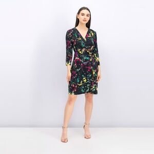 NWOT‎ BCBGMaxazria Adele Short Wrap Dress Black Multicolor Print L - NEW
